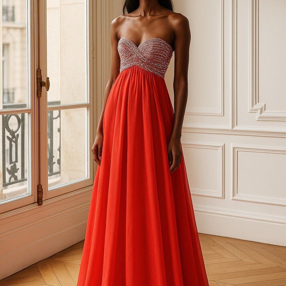 La Femme Strapless Coral Chiffon Gown Sequin Bust 4 NWT Prom Formal With Flaw